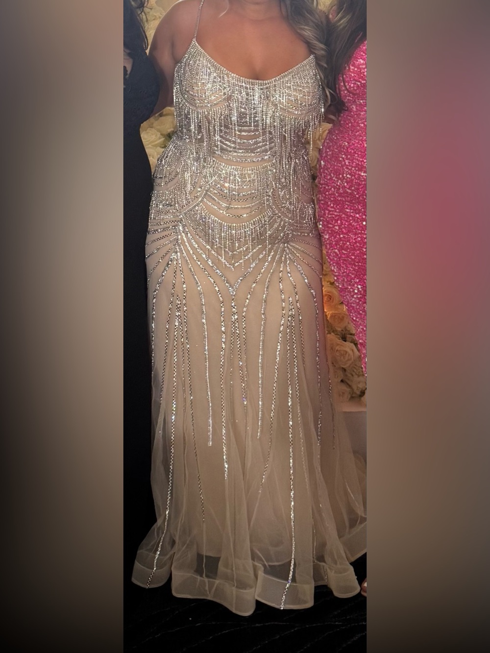 Beaded Champagne Spaghetti-Strap Prom Gown